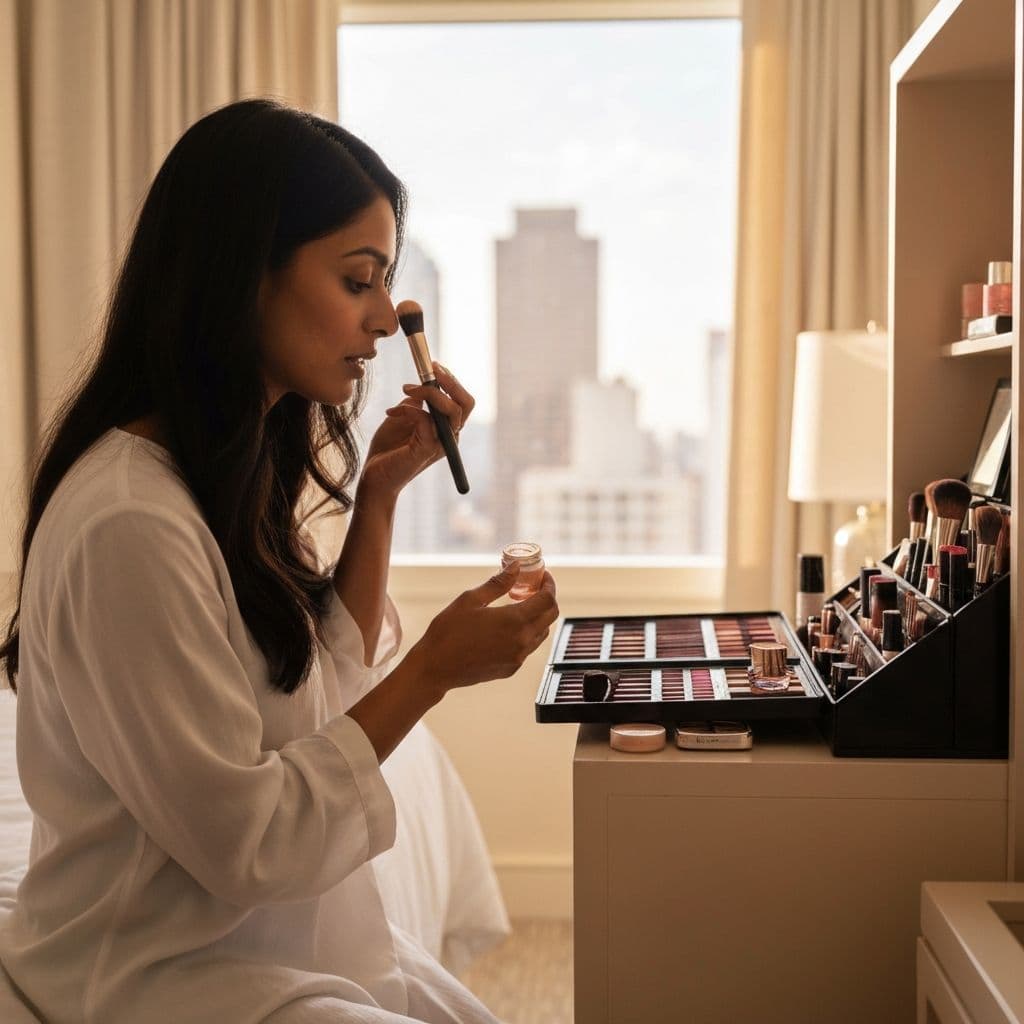 Luxury beauty vanity with warm golden light